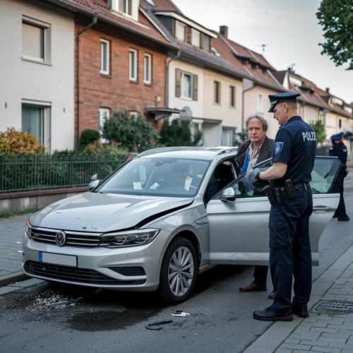 Unfall auf Straße in Bayern: beschädigtes Auto, Polizeibeamter mit Alkoholtestgerät, gestresster Fahrer.